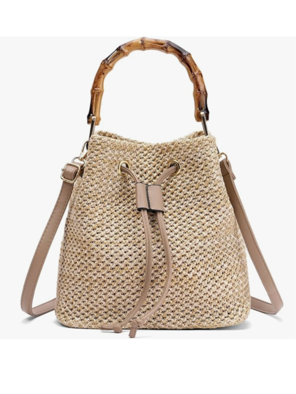 RNIEGA Straw Bucket Bag Woven Crossbody Bag Shoulder Purse bamboo top handle new